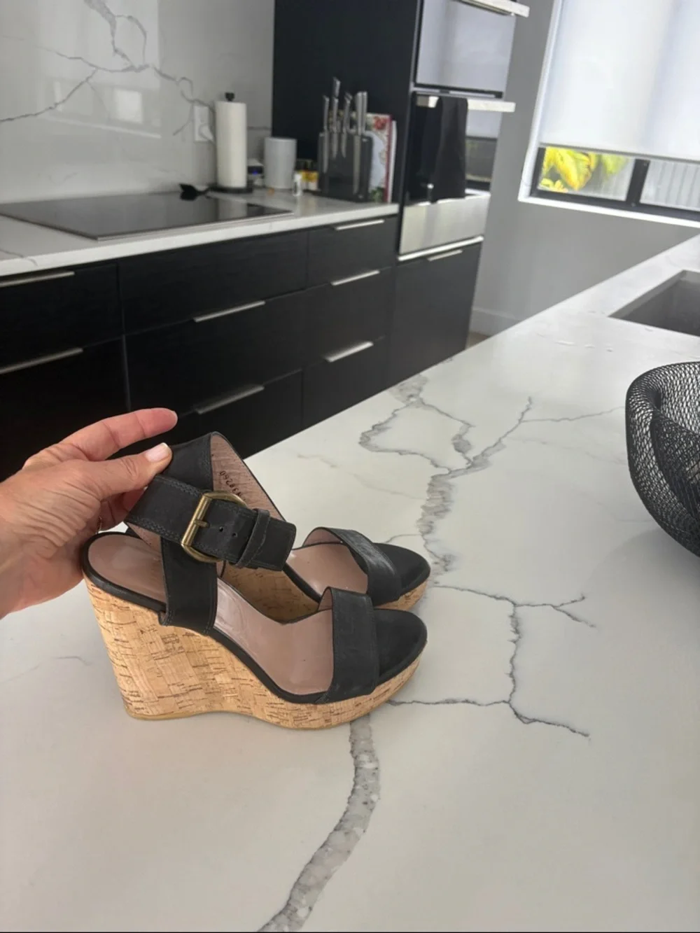 Stuart Weitzman Black Leather Wedge Sandals with Cork Platform - Picture 1 of 10